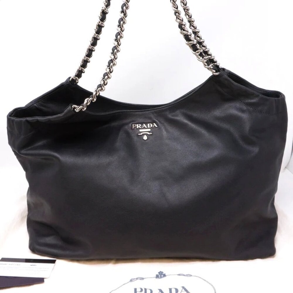Vintage Prada Soft Calfskin Black Leather Chain Tote Bag